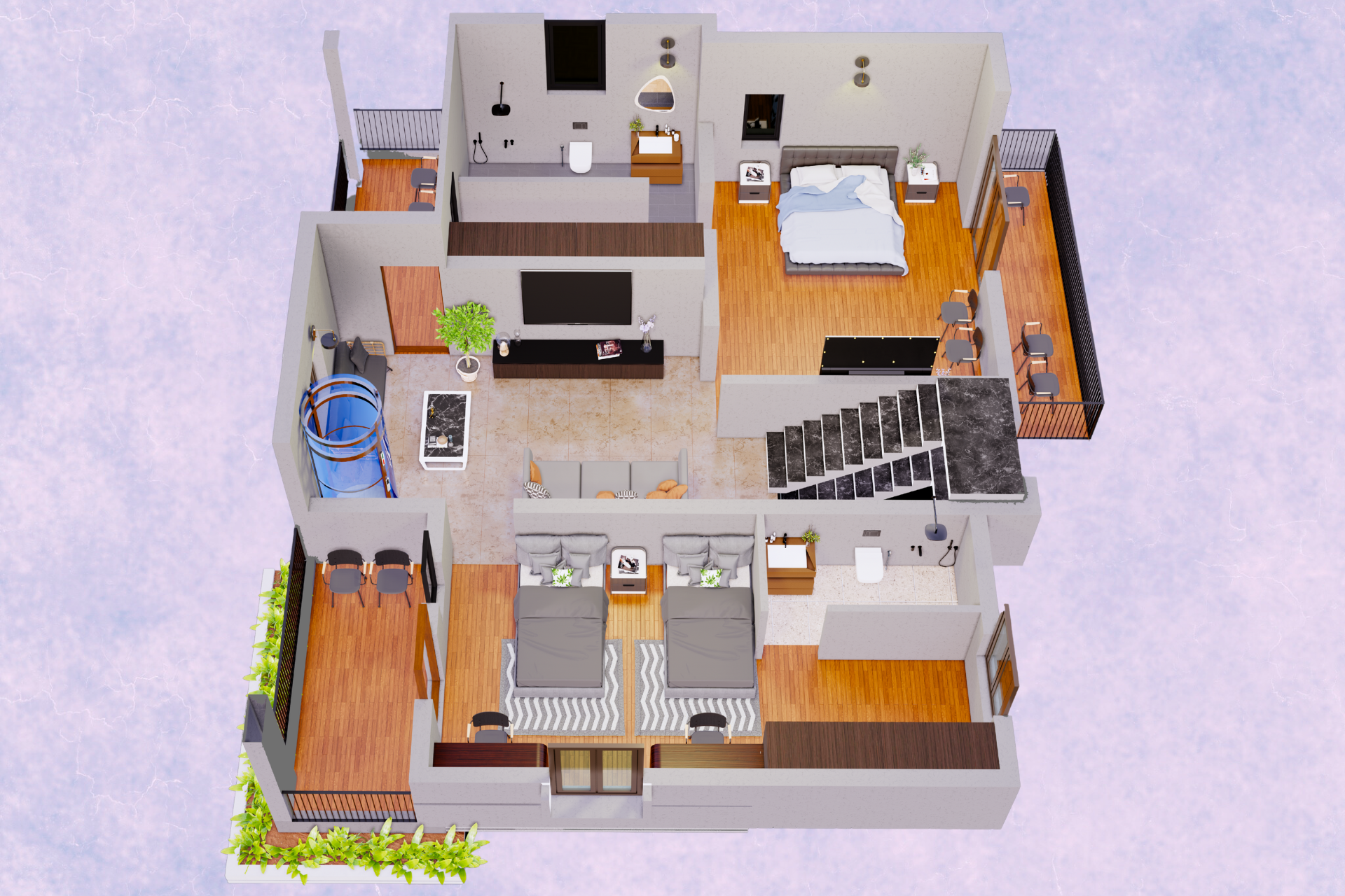 Second floor and terrace layout of villa with party area and solar provisions