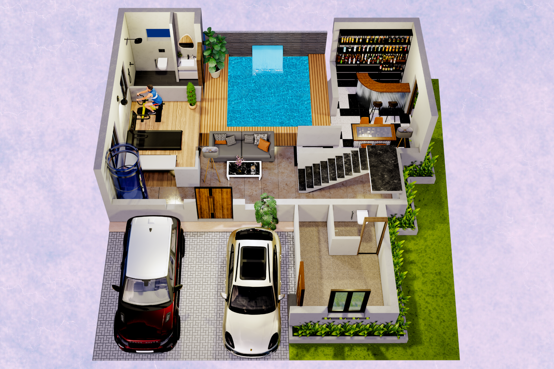 Ground floor plan of luxury villa including living room, pooja room, and kitchen
